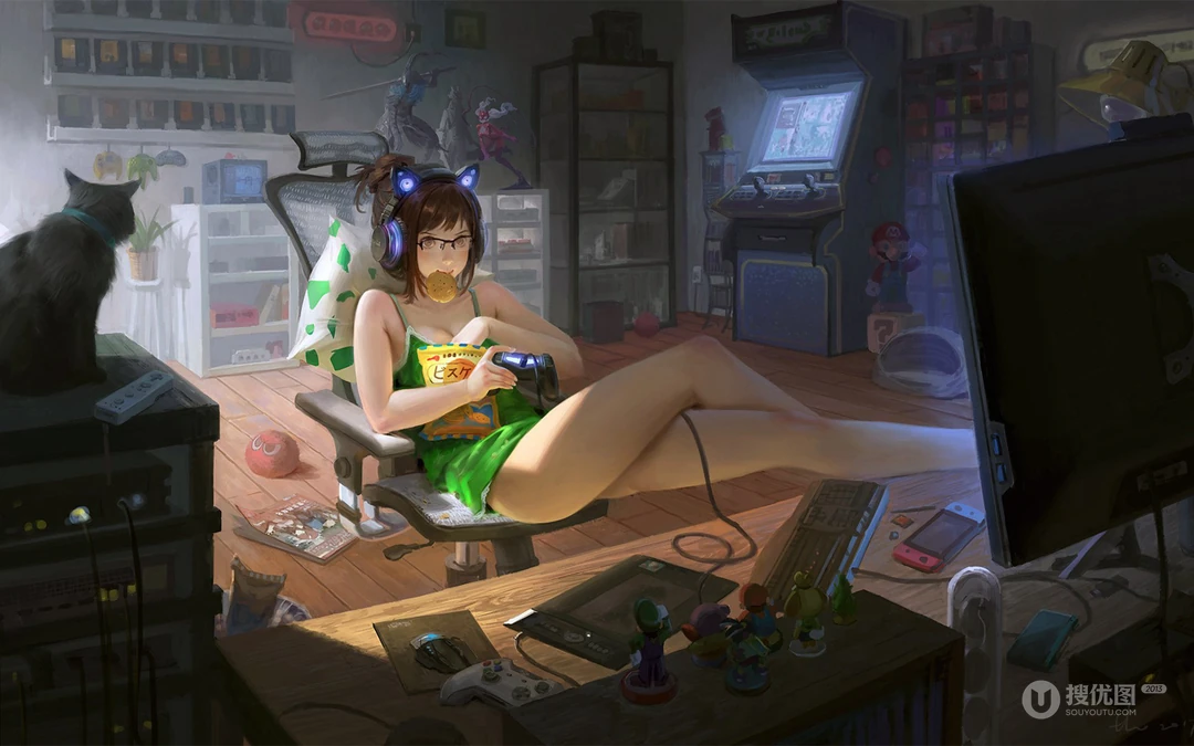 唯美的二次元动漫大海下漫步的情侣，女生房间等场景桌面壁纸