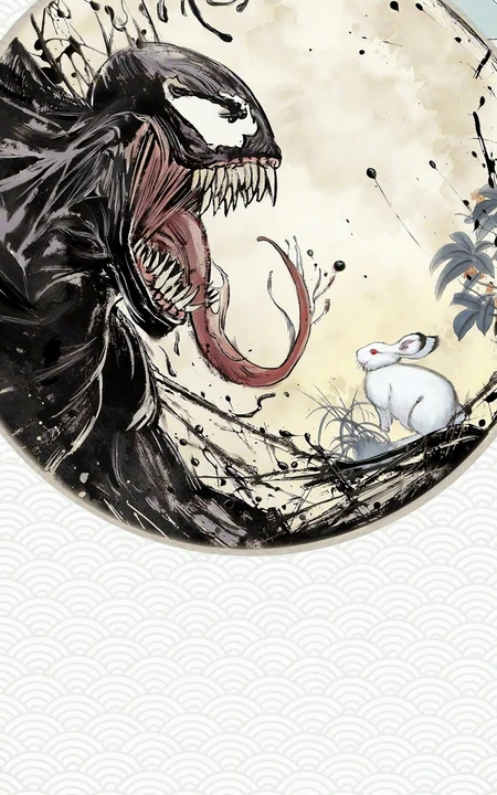 漫威英雄毒液创意中国风圆框下和兔子的创意插画手机壁纸