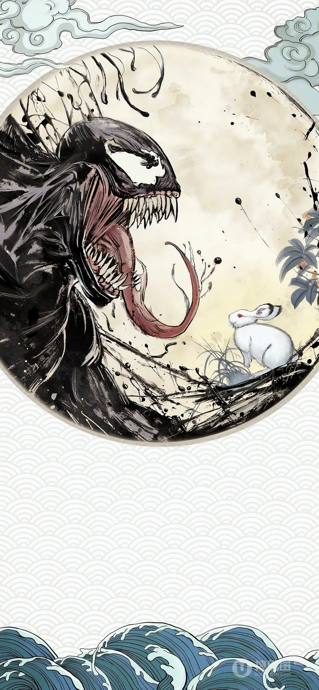 漫威英雄毒液创意中国风圆框下和兔子的创意插画手机壁纸