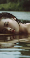 湖中丽影，肩带红裙女孩湖中清透唯美私密写真摄影图片