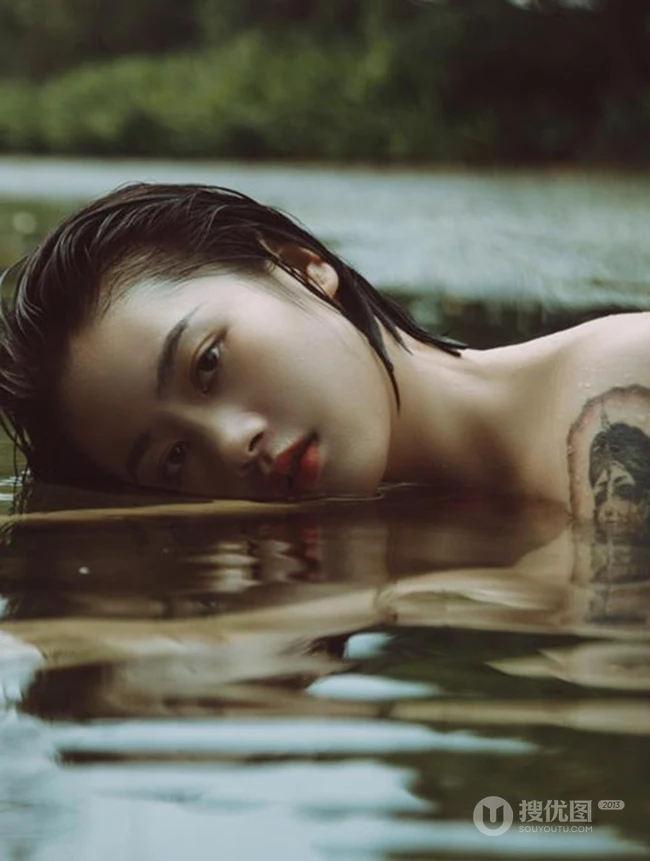 湖中丽影，肩带红裙女孩湖中清透唯美私密写真摄影图片