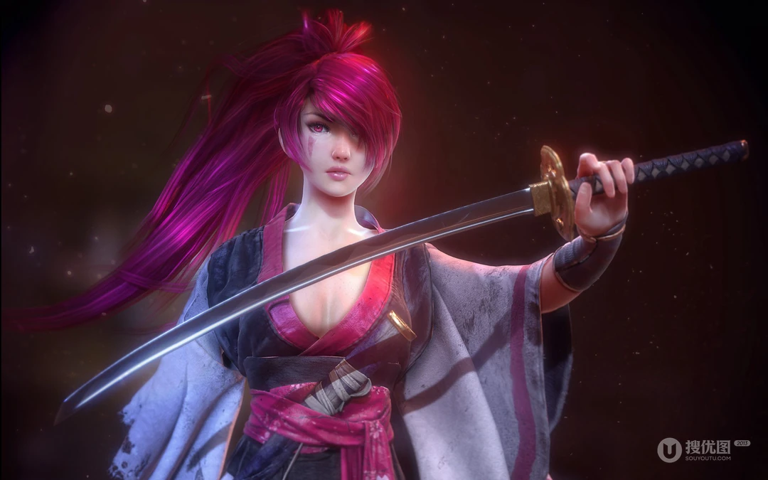 动漫女人物中拿武士刀，剑等武器的战士电脑壁纸