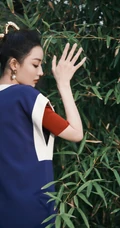 孙佳雨竹丛旁清新淡雅休闲蓝衣套装写真图片