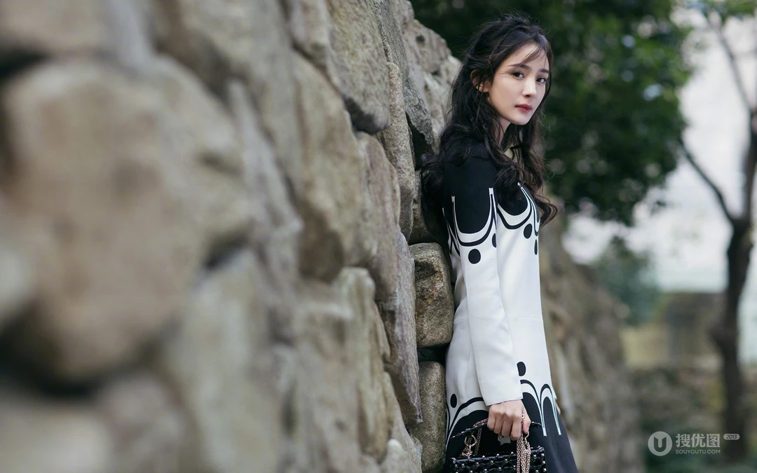 明星&ldquo;杨幂&rdquo;石头墙前的唯美写真桌面壁纸