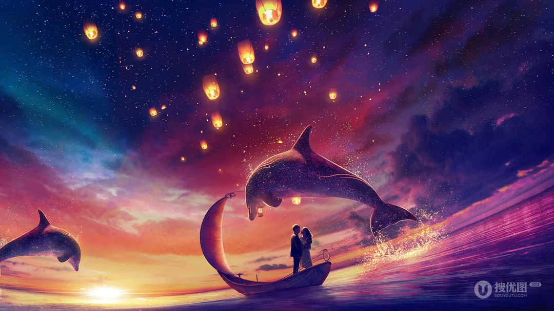 唯美海洋鲸鱼，海豚等炫彩幻想桌面壁纸