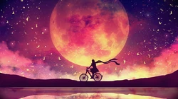 唯美月空满天孔明灯下的女孩，一轮圆月下的骑车的少女等梦境唯美图片