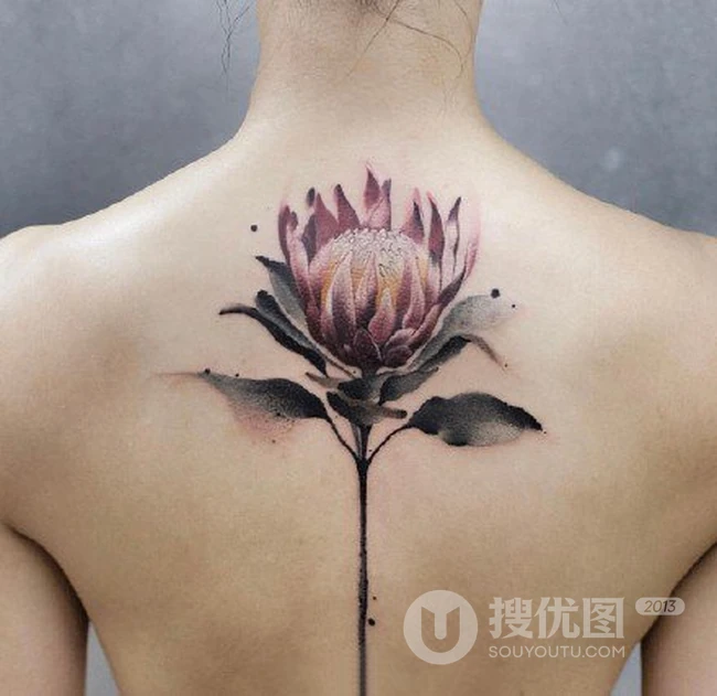 花朵花卉纹身， 女性背部炫彩浪漫的花卉系列纹身图案图片 第1张