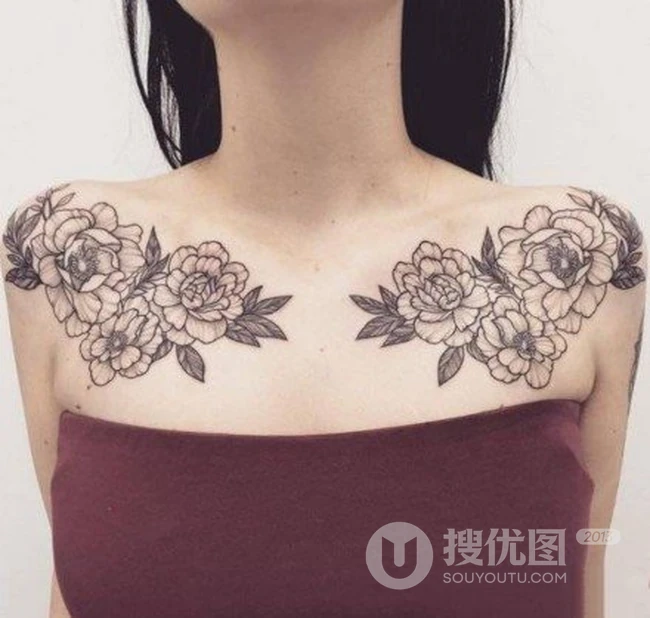 气质、个性、另类的女性胸前，肩胛处花卉类纹身大图案图片作品 第5张