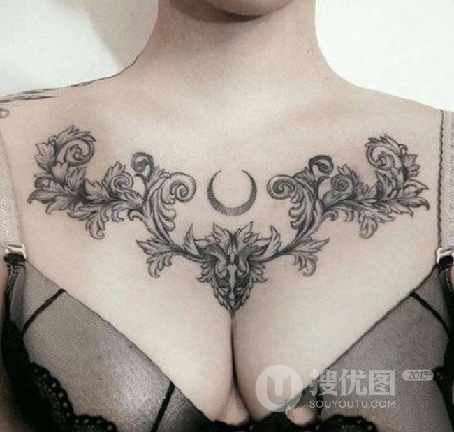 气质、个性、另类的女性胸前，肩胛处花卉类纹身大图案图片作品 第1张