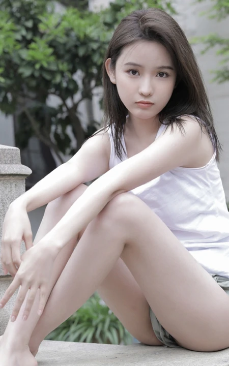玉骨冰肌浅粉可爱少女白背心短裤院落洗头湿发气质写真图片集