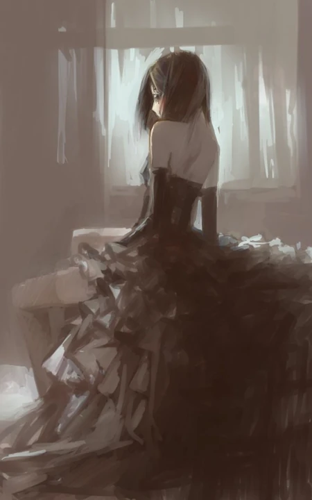穿肩带婚纱，礼服的伤感忧伤女人，女生背影黑白手绘插画美图