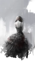 穿肩带婚纱，礼服的伤感忧伤女人，女生背影黑白手绘插画美图