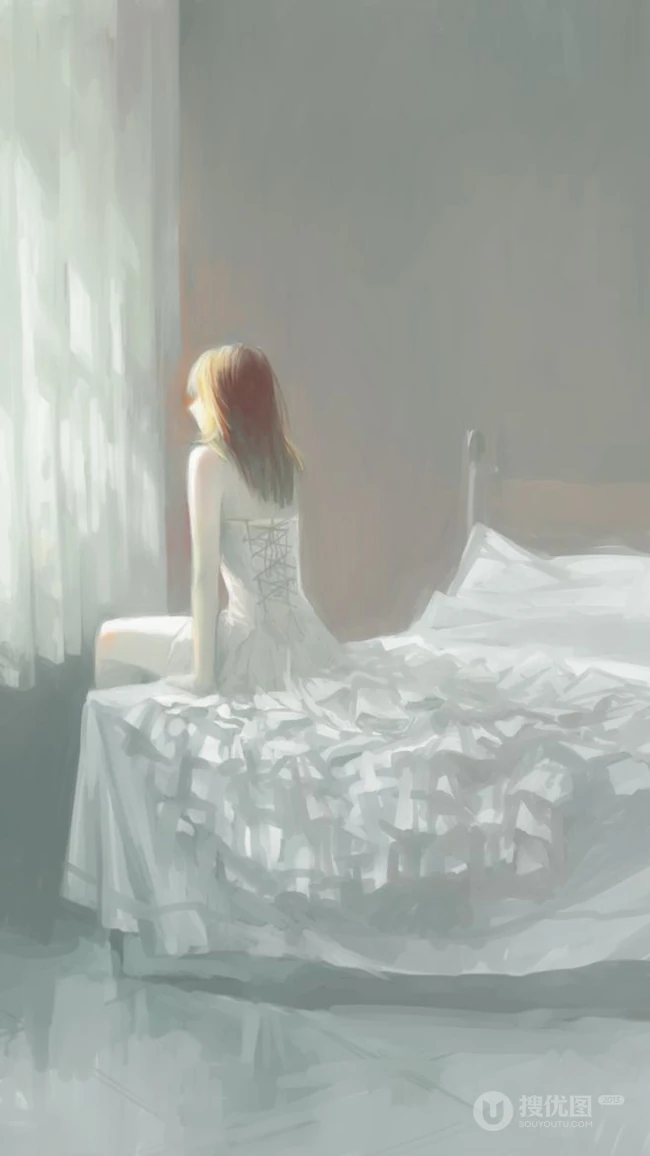 穿肩带婚纱，礼服的伤感忧伤女人，女生背影黑白手绘插画美图
