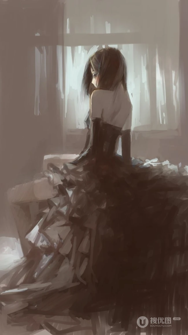 穿肩带婚纱，礼服的伤感忧伤女人，女生背影黑白手绘插画美图