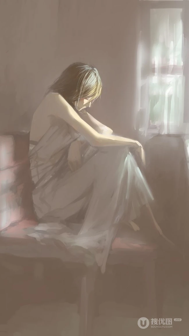 穿肩带婚纱，礼服的伤感忧伤女人，女生背影黑白手绘插画美图