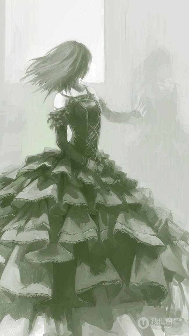 穿肩带婚纱，礼服的伤感忧伤女人，女生背影黑白手绘插画美图