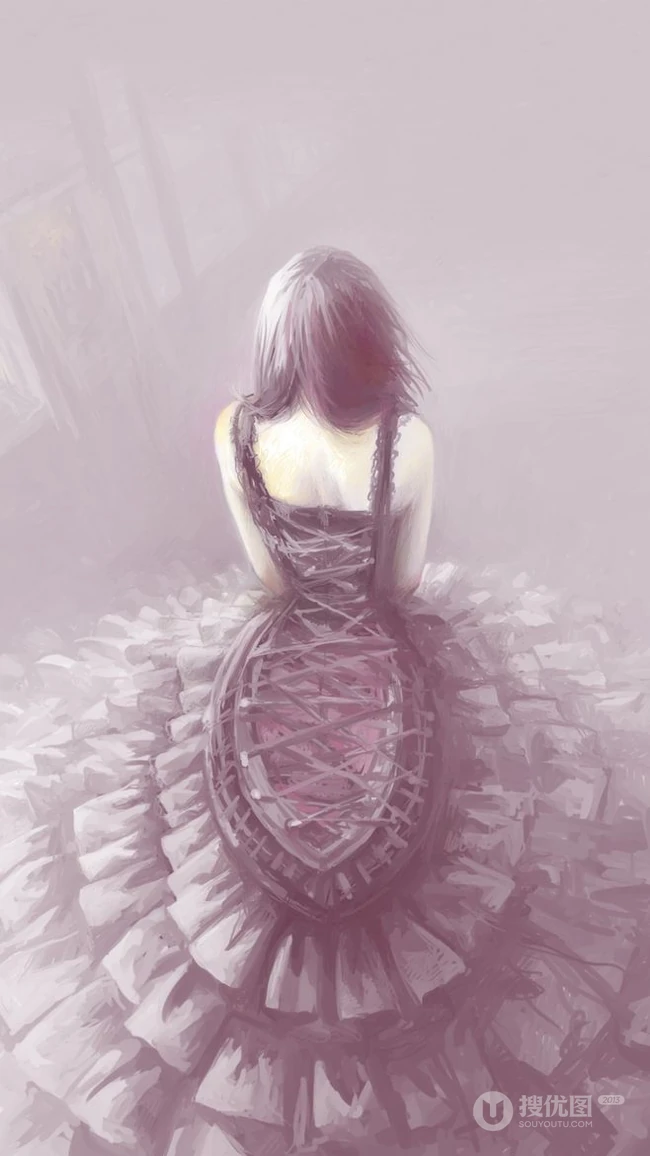 穿肩带婚纱，礼服的伤感忧伤女人，女生背影黑白手绘插画美图