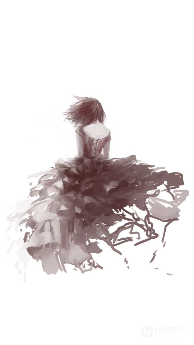 穿肩带婚纱，礼服的伤感忧伤女人，女生背影黑白手绘插画美图