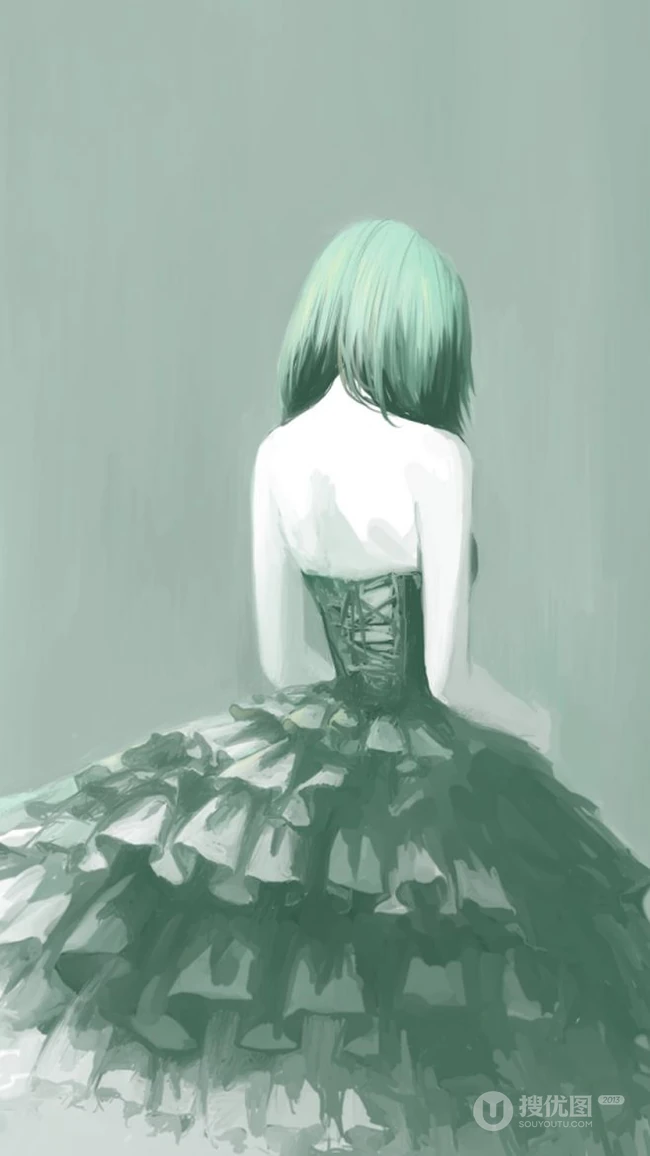 穿肩带婚纱，礼服的伤感忧伤女人，女生背影黑白手绘插画美图