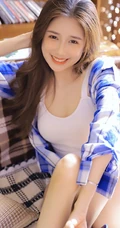 笑容甜美气质时尚浅粉女生小姐姐格纹衬衣下的苗条身材真动人