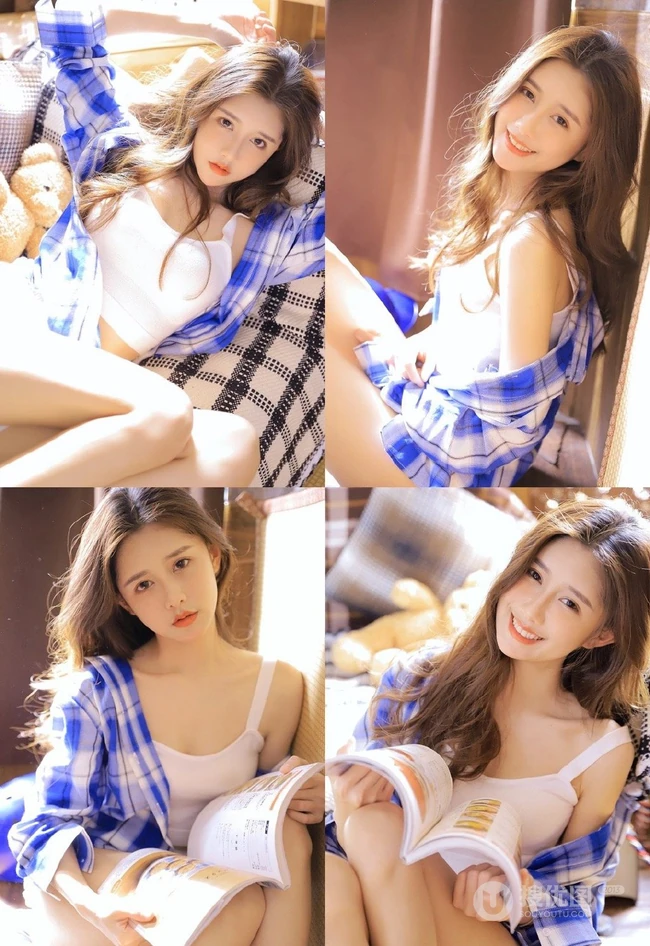 笑容甜美气质时尚浅粉女生小姐姐格纹衬衣下的苗条身材真动人