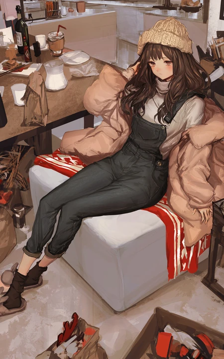 坐在沙发上的戴羊毛帽子的动漫女生插画高清手机壁纸