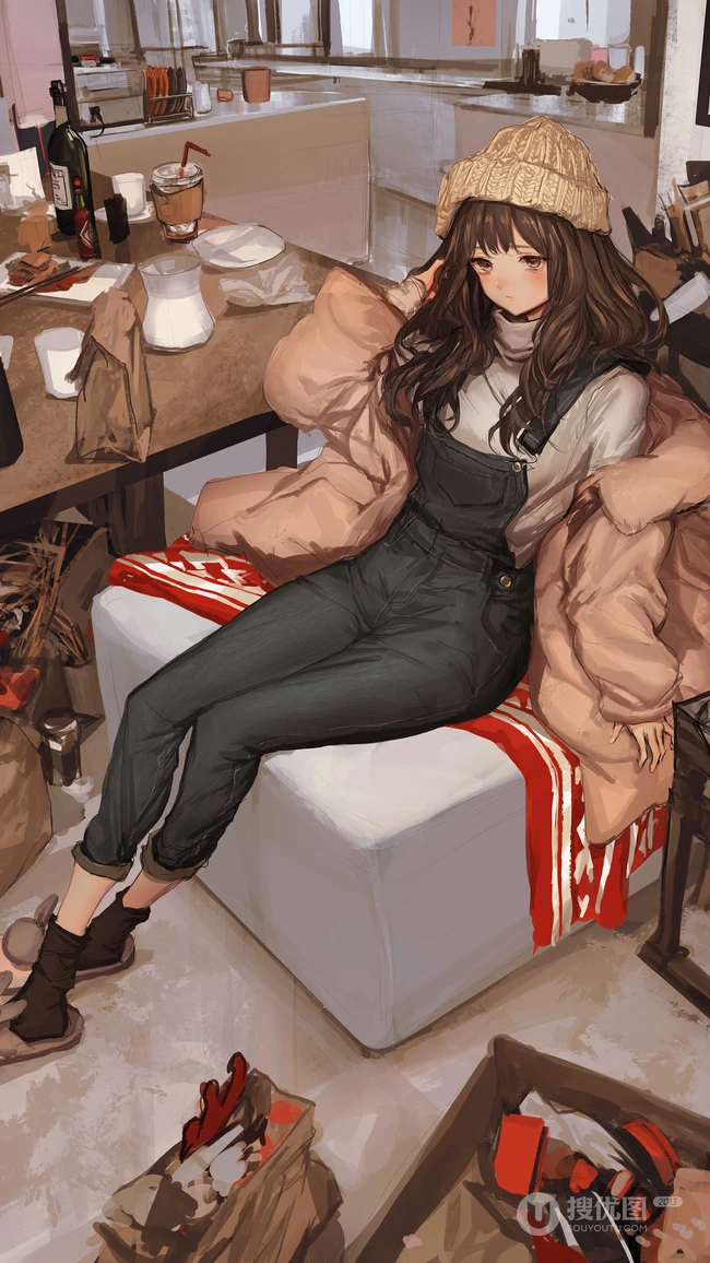坐在沙发上的戴羊毛帽子的动漫女生插画高清手机壁纸
