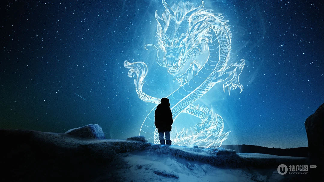 雪地中的欧美女生和站在巨龙前的人物的唯美场景电脑壁纸