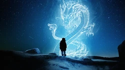 雪地中的欧美女生和站在巨龙前的人物的唯美场景电脑壁纸