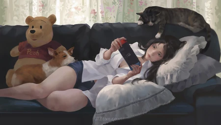 大神插画师手绘沙发上玩游戏的女孩等作品高清壁纸图片