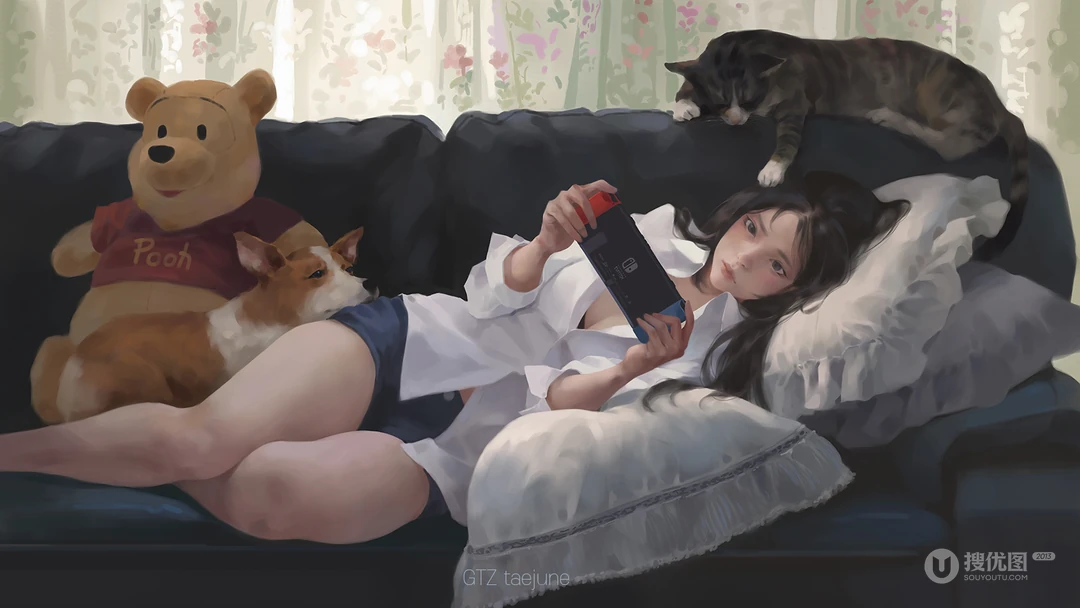大神插画师手绘沙发上玩游戏的女孩等作品高清壁纸图片