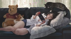 大神插画师手绘沙发上玩游戏的女孩等作品高清壁纸图片