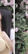 蔷薇花前戴草帽的白衣长裙妙龄好看少女甜美侧颜写真图片