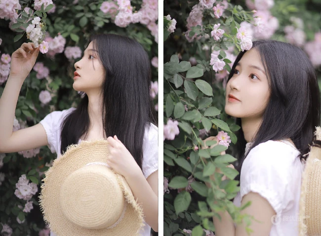 蔷薇花前戴草帽的白衣长裙妙龄好看少女甜美侧颜写真图片