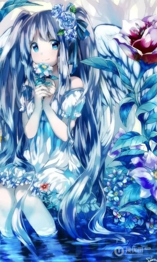 玫瑰花动漫女孩，手拿玫瑰的唯美二次元少女插画美图
