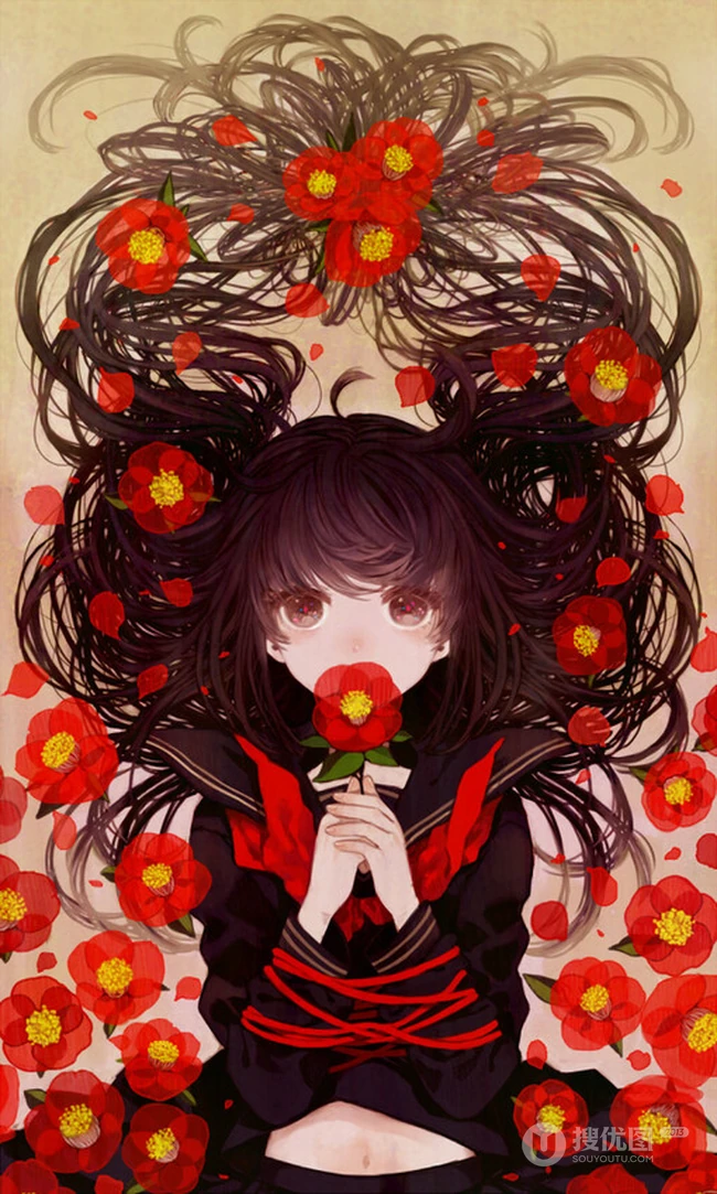 玫瑰花动漫女孩，手拿玫瑰的唯美二次元少女插画美图
