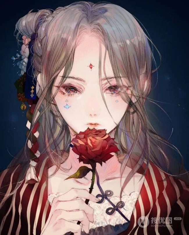 玫瑰花动漫女孩，手拿玫瑰的唯美二次元少女插画美图