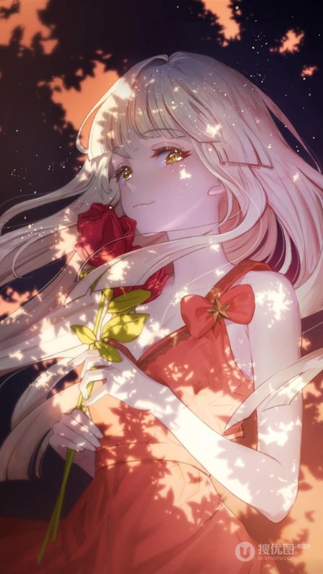 玫瑰花动漫女孩，手拿玫瑰的唯美二次元少女插画美图