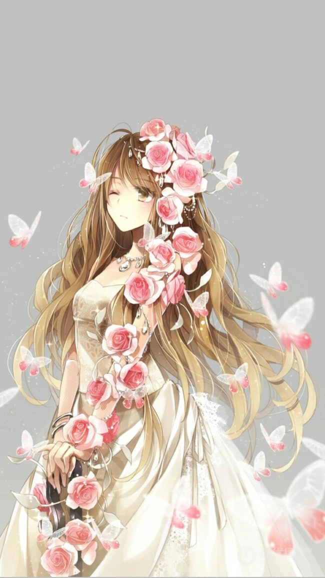 玫瑰花动漫女孩，手拿玫瑰的唯美二次元少女插画美图