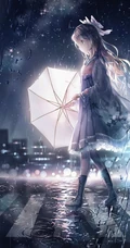 雨天行走的二次元动漫少女，女孩手拿雨伞下雨天超美意境图片