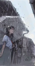 雨天行走的二次元动漫少女，女孩手拿雨伞下雨天超美意境图片