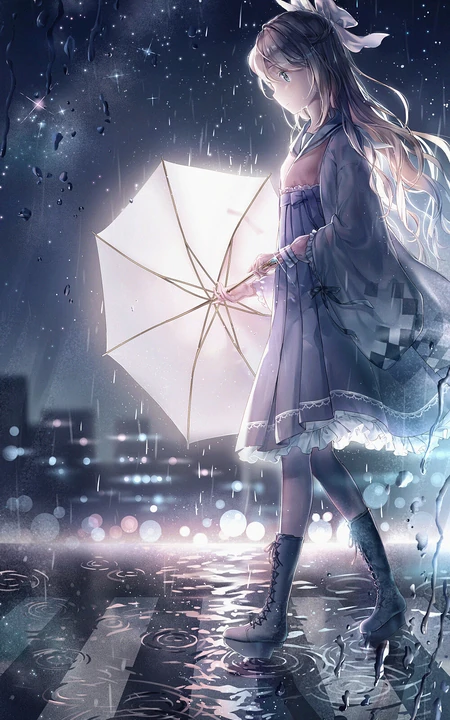 雨天行走的二次元动漫少女，女孩手拿雨伞下雨天超美意境图片