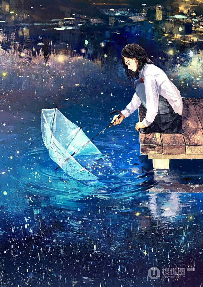 雨天行走的二次元动漫少女，女孩手拿雨伞下雨天超美意境图片