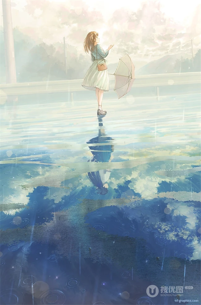 雨天行走的二次元动漫少女，女孩手拿雨伞下雨天超美意境图片