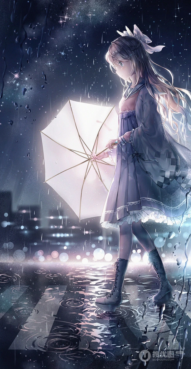雨天行走的二次元动漫少女，女孩手拿雨伞下雨天超美意境图片