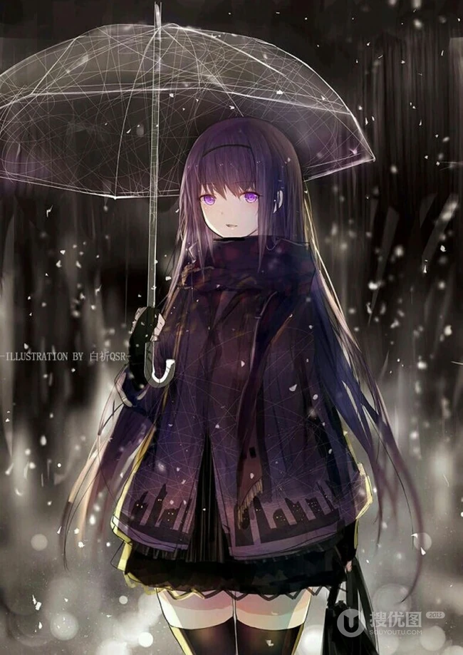雨天行走的二次元动漫少女，女孩手拿雨伞下雨天超美意境图片
