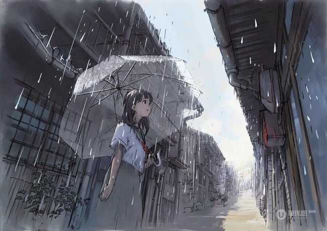 雨天行走的二次元动漫少女，女孩手拿雨伞下雨天超美意境图片