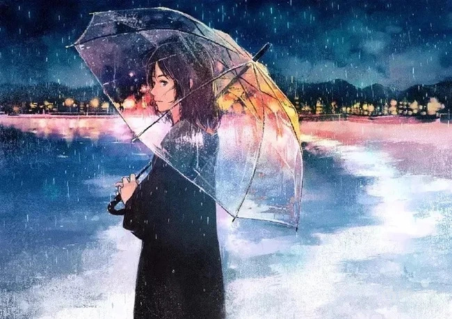 雨天行走的二次元动漫少女，女孩手拿雨伞下雨天超美意境图片