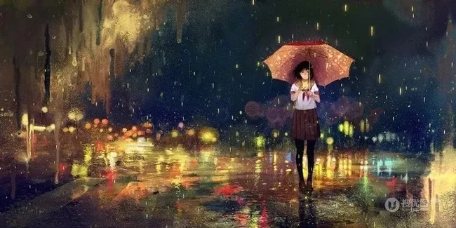 雨天行走的二次元动漫少女，女孩手拿雨伞下雨天超美意境图片