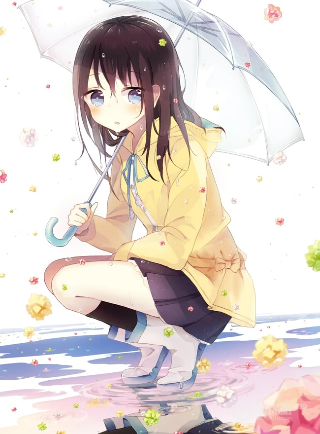 雨天行走的二次元动漫少女，女孩手拿雨伞下雨天超美意境图片